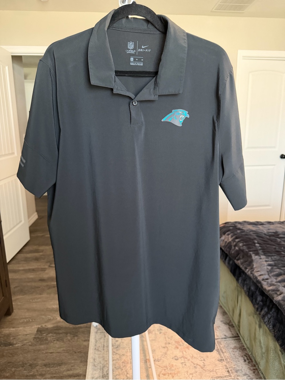 NFL Men's Gray Polo with Teal Carolina Panthers Logo